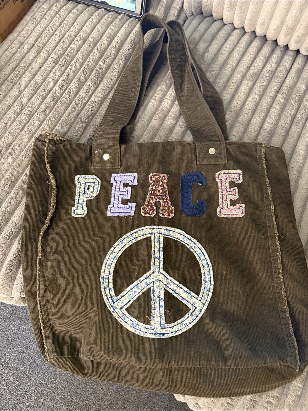 Arizona Jean Company Olive Green Corduroy PEACE Tote Bag